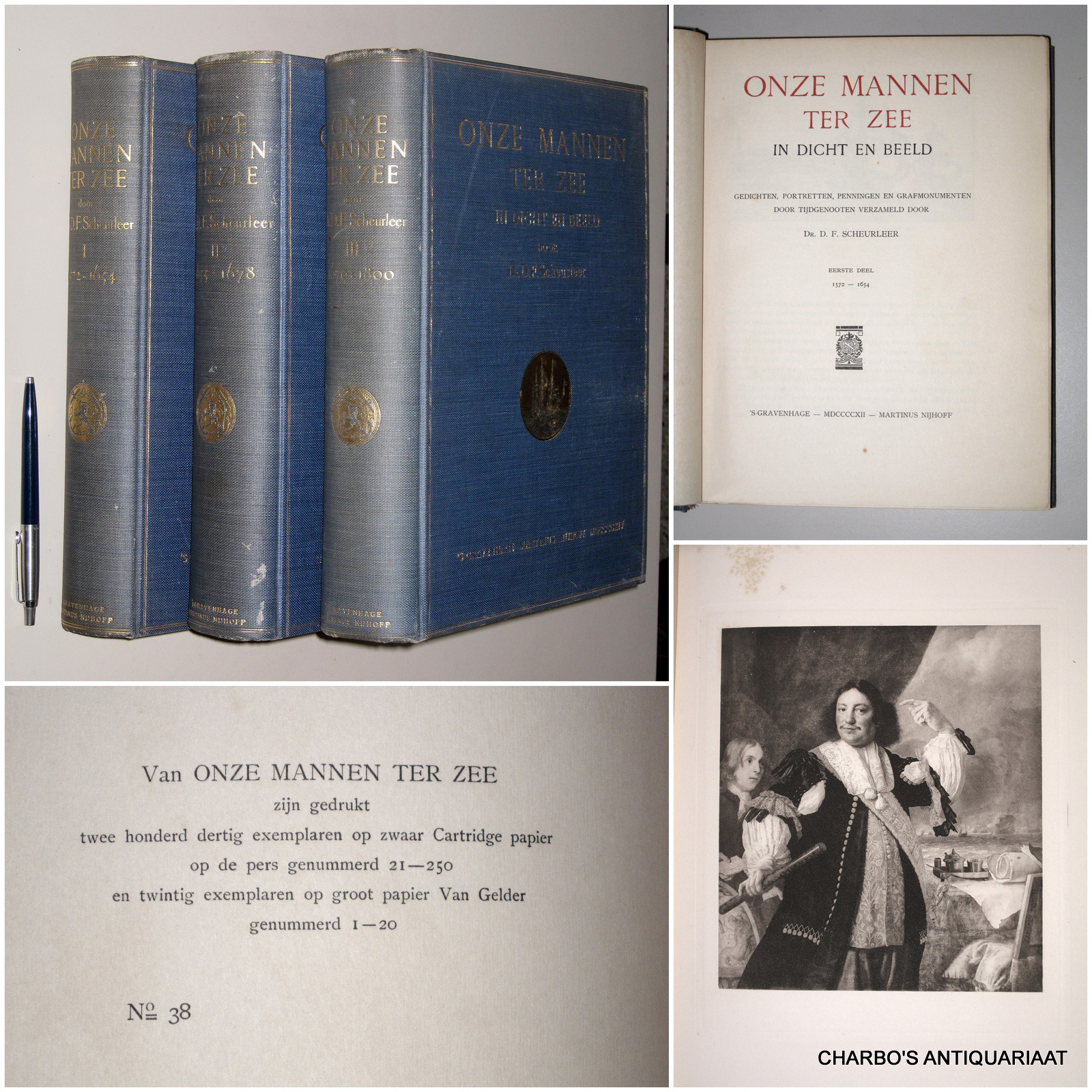 SCHEURLEER, D.F., -  Onze mannen ter zee in dicht en beeld. Gedichten, portretten, penningen en grafmonumenten door tijdgenooten, verzameld door -. 1e deel: 1572-1654, 2e deel: 1655-1678, 3e deel: 1678-1800.