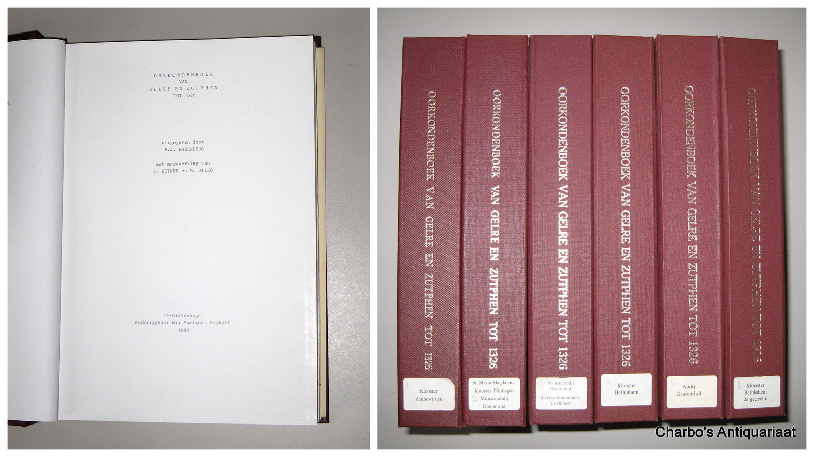 HARENBERG, E.J. (et al, uitg.), -  Oorkondenboek van Gelre en Zutphen tot 1326. 1e-6e aflevering. Klooster Zennewijnen, St.-Maria-Magdalenaklooster Nijmegen, Munsterabdij Roermond, diverse Roermondse instellingen, Klooster Bethlehem bij Doetinchem (1e en 2e gedeelte), Abdij Grafenthal bij Goch (1e ged.).