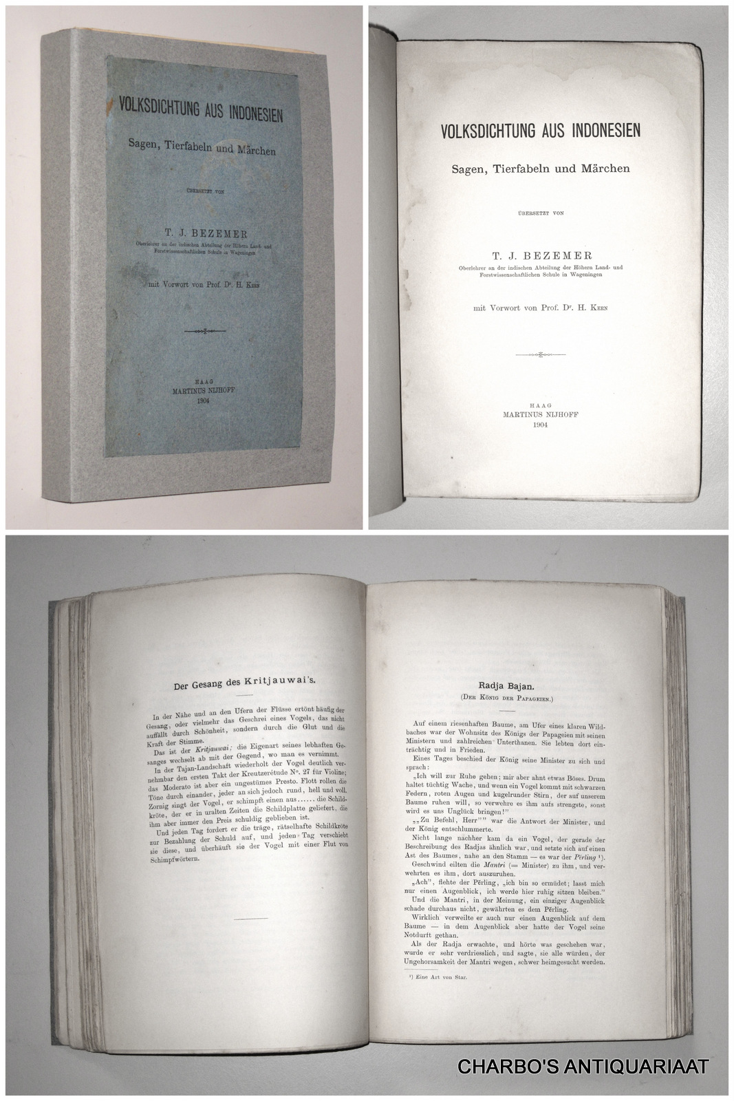 BEZEMER, T.J. (transl.), -  Volksdichtung aus Indonesien: Sagen, Tierfabeln und Mrchen. Vorwort von H. Kern.