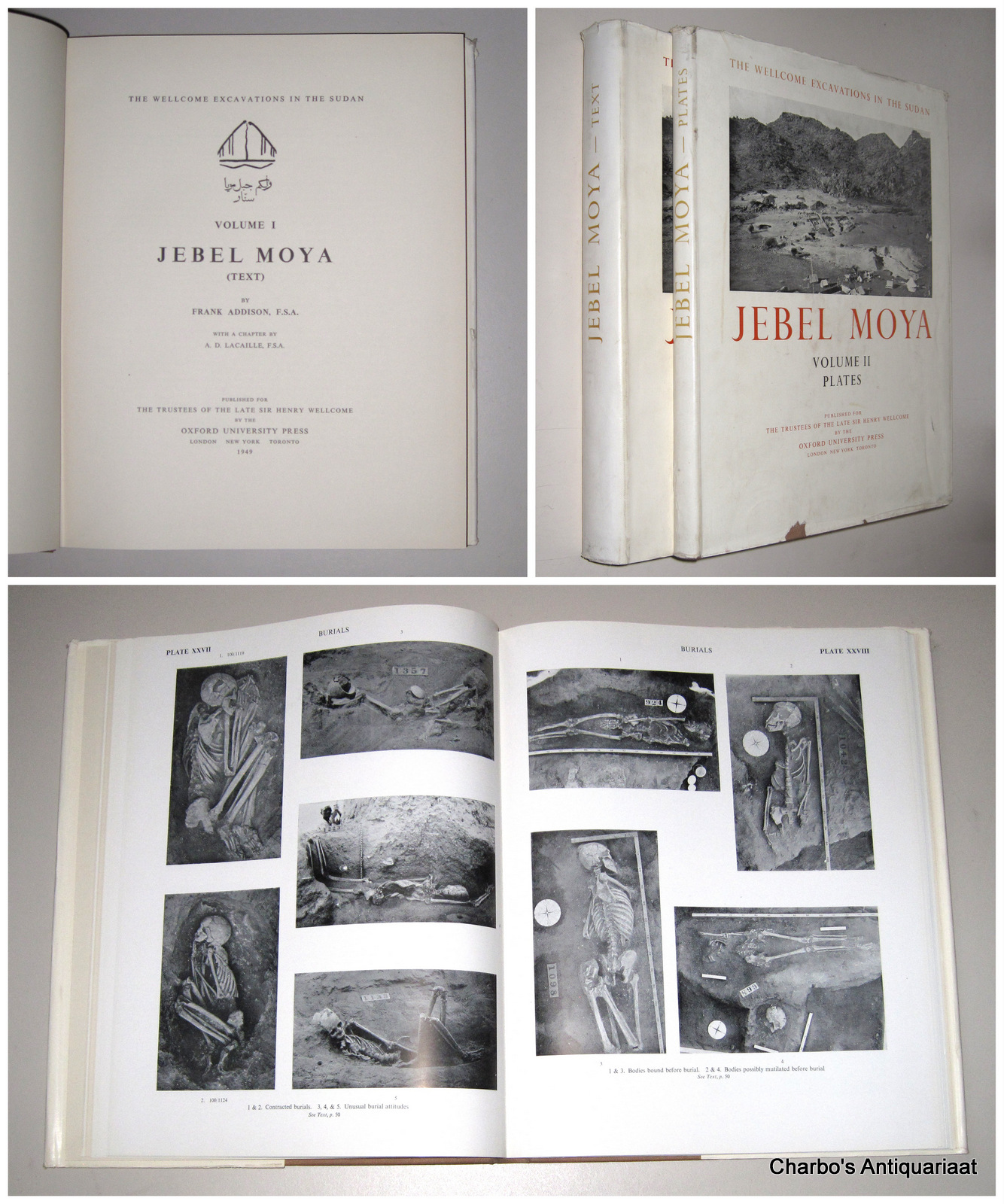 ADDISON, FRANK, -  Jebel Moya. Text & plates. (2 vol.set). With a chapter by A.D. Lacaille.