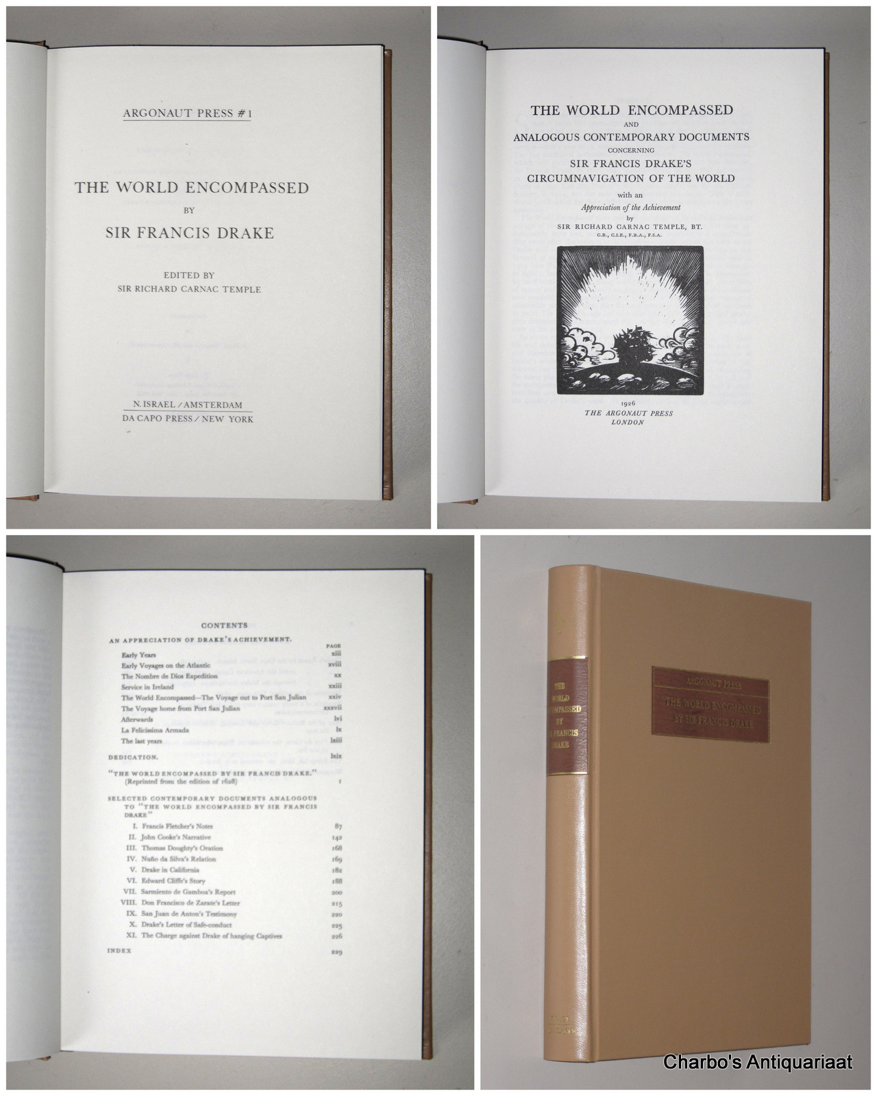 DRAKE, SIR FRANCIS, -  The world encompassed. (Reprint of the 1926 ed.: The world encompassed and analogous contemporary documents concerning Sir Francis Drake's circumnavigation of the world with an appreciation of the achievement by Sir Richard Carnac Temple).