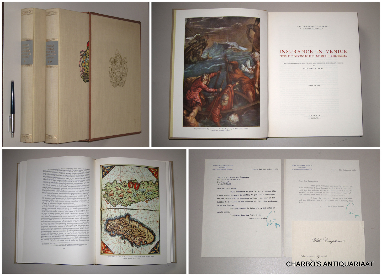 STEFANI, GIUSEPPE, -  Insurance in Venice from the origins to the end of the Serenissima. Documents published for the 125th anniversary of the company, 1831-1956. (2 vol. set).