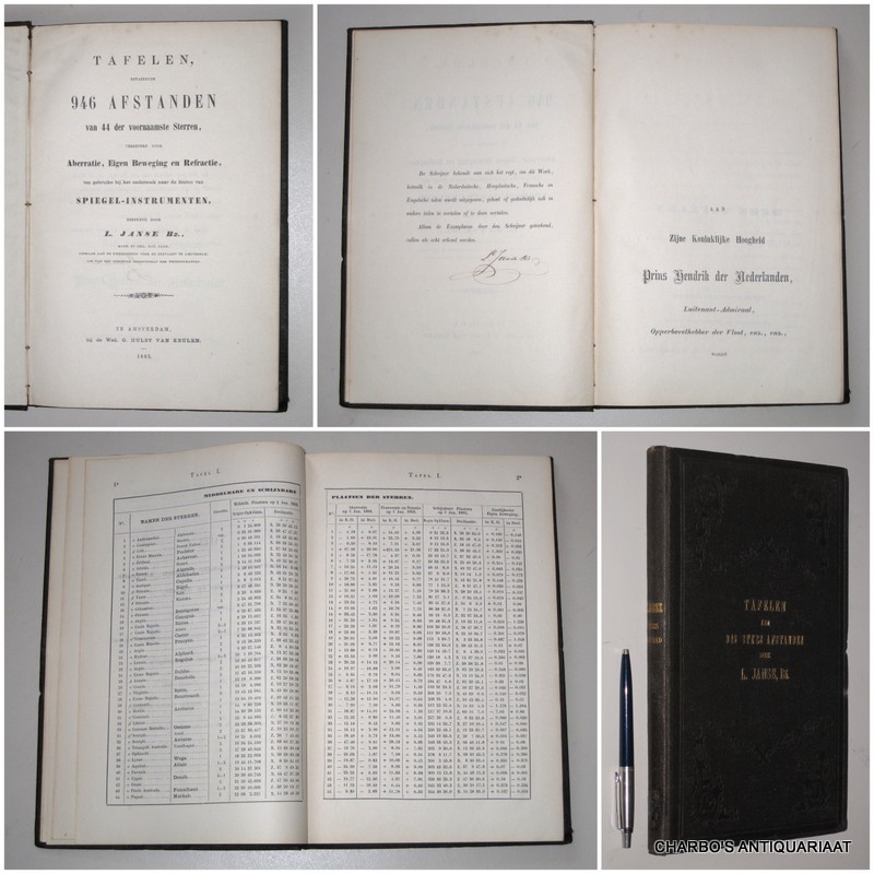 JANSE, L., -  Tafelen, bevattende 946 afstanden van 44 der voornaamste sterren, verbeterd voor aberrartie, eigen beweging en refractie, ten gebruike bij het onderzoek naar de fouten van spiegel-instrumenten.