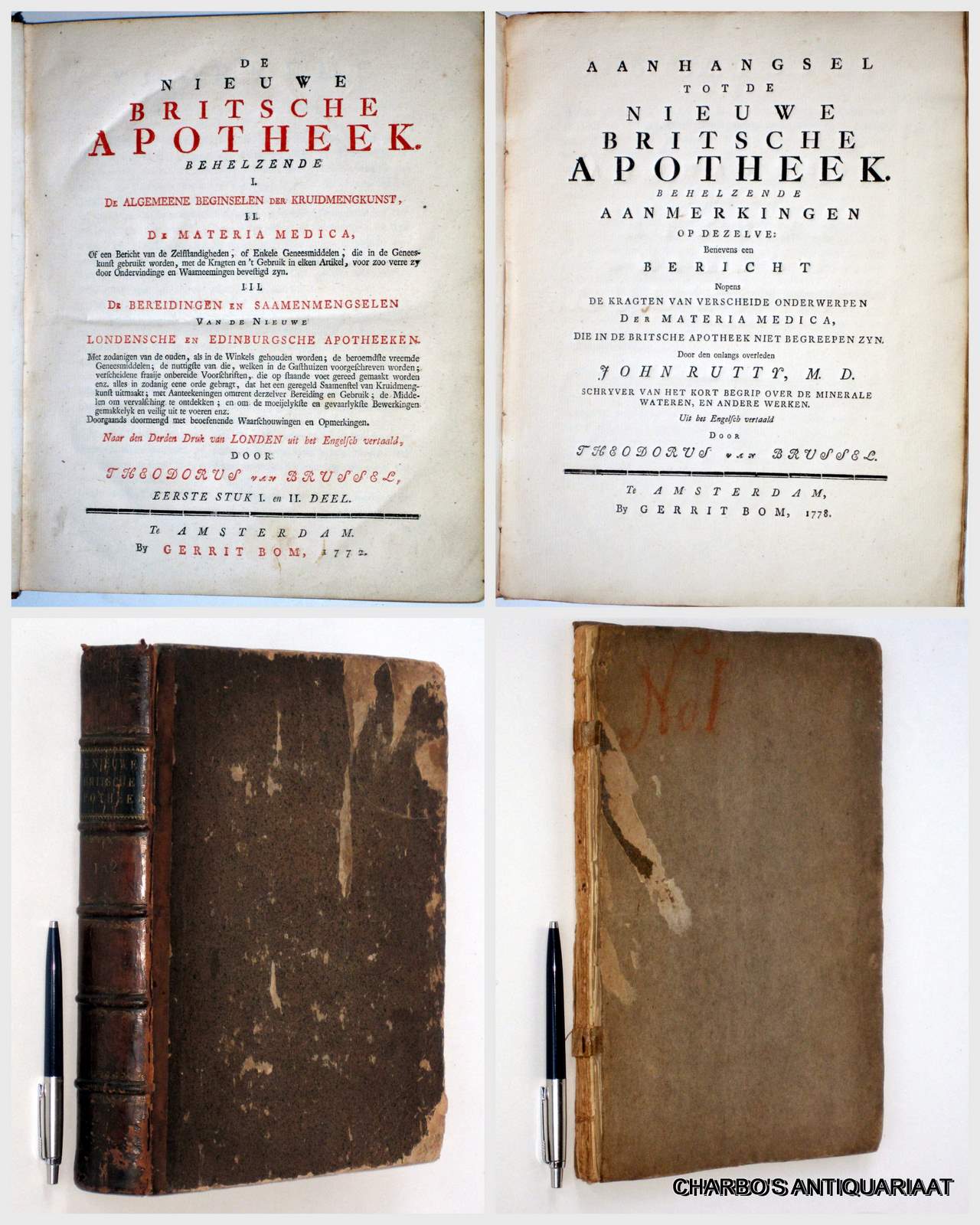 LEWIS, WILLIAM (BRUSSEL, THEODORUS VAN, transl.), -  De nieuwe Britsche apotheek. Behelzende I: De algemeene beginselen der kruidmengkunst; II: De materia medica; III: De bereidingen en saamenmengselen van de nieuwe Londensche en Edinburgsche apotheeken. + Aanhangsel (...) behelzende aanmerkingen (...). Naar den derden druk van Londen uit het Engelsch vertaald.