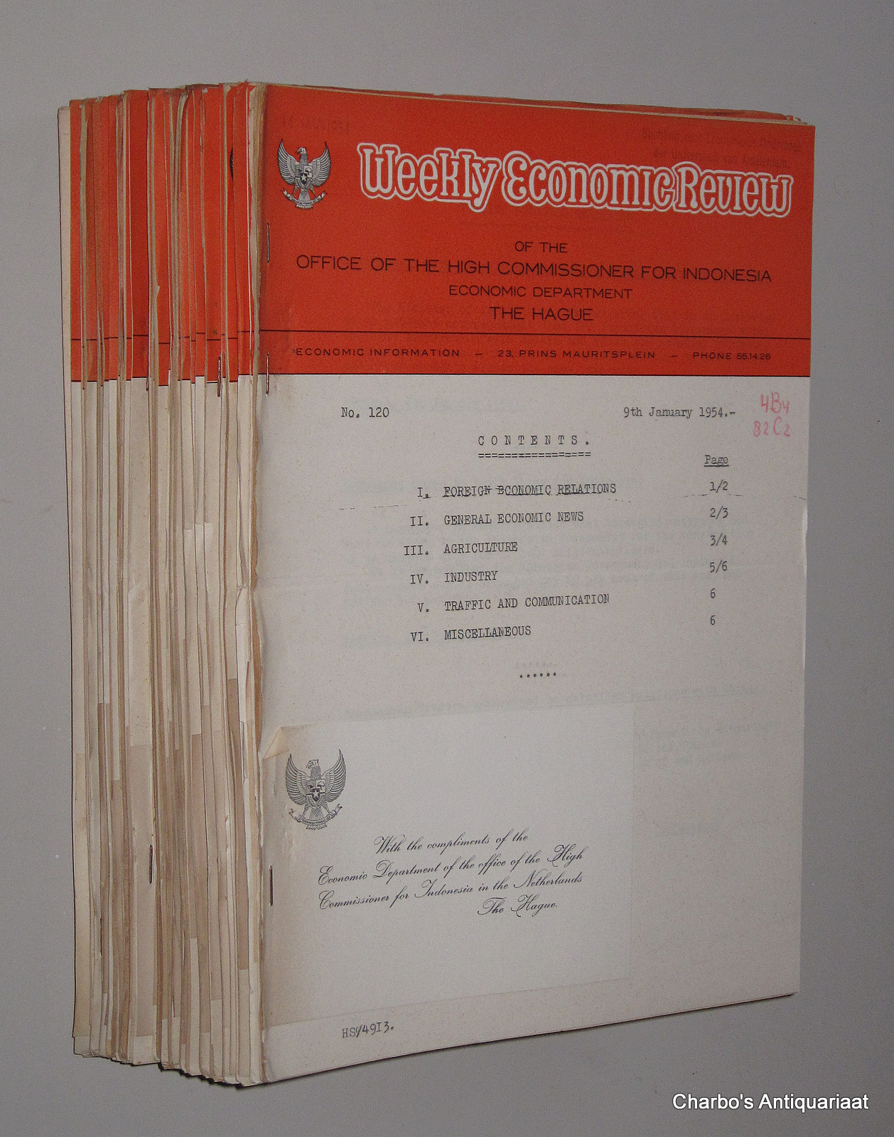 HIGH COMMISSIONER FOR INDONESIA, THE HAGUE, -  Weekly Economic Review of the Office of the High Commissioner for Indonesia, Economic department, The Hague, nos. 120-170, 9th Jan. - 30th Dec. 1954.