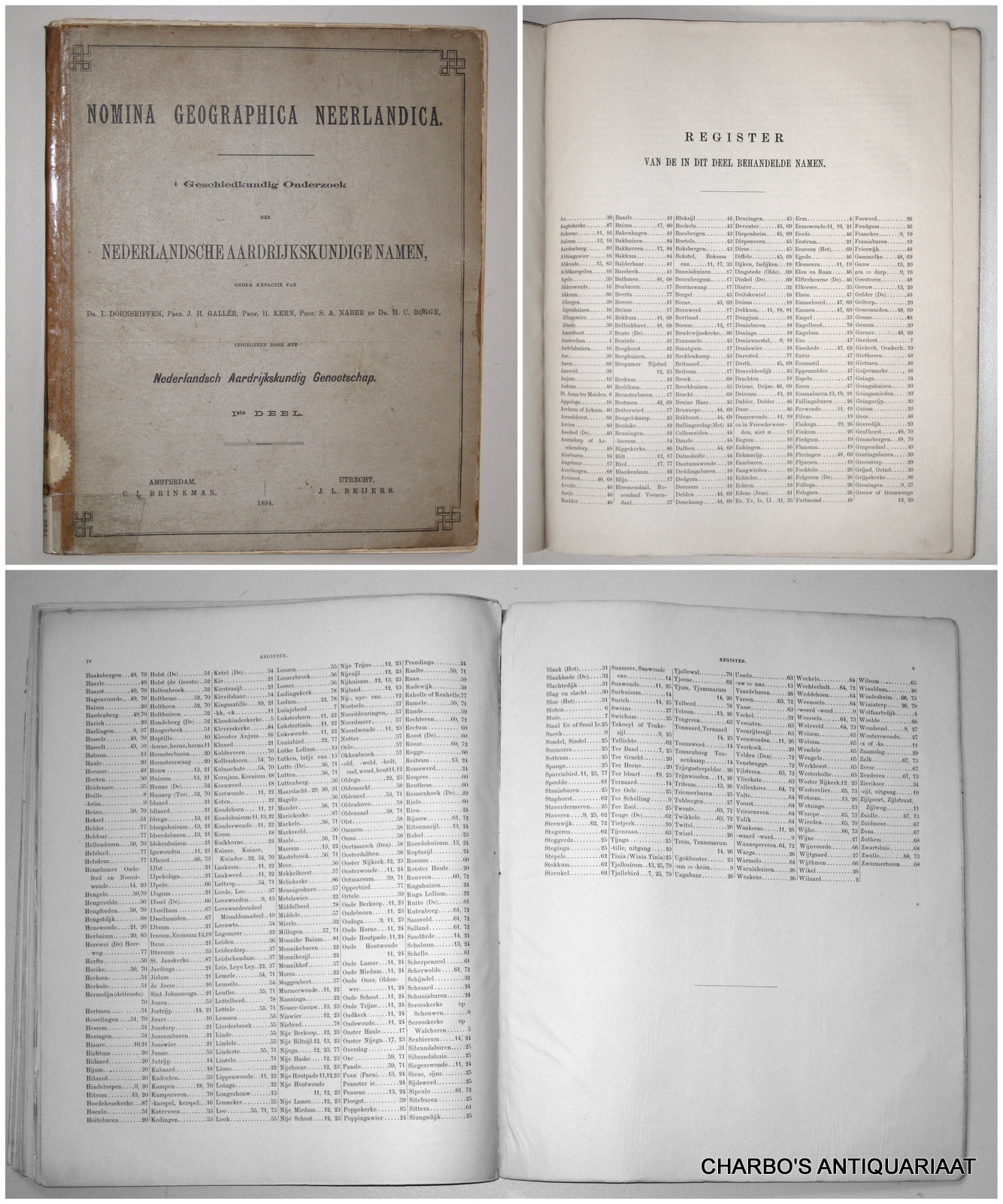 BROEKEMA, J. (DORNSEIFFEN, I., et al, red.), -  Nomina Geographica Neerlandica. Geschiedkundig onderzoek der Nederlandsche aardrijkskundige namen, uitgegeven door het Nederlandsch Aardrijkskundig Genootschap. 1e deel.