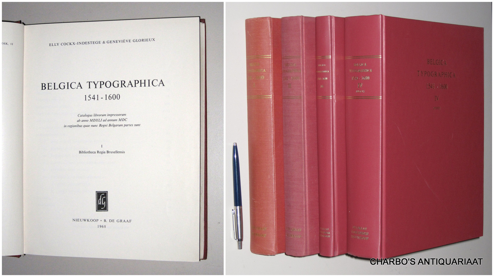 COCKX-INDESTEGE, ELLY & GLORIEUX, GENEVIEVE, -  Belgica typographica 1541-1600. Catalogus librorum impressorum ab anno MDXLI ad annum MDC in regionibus quae nunc Regni Belgarum pertes sunt. (Full set of 4 vols.).