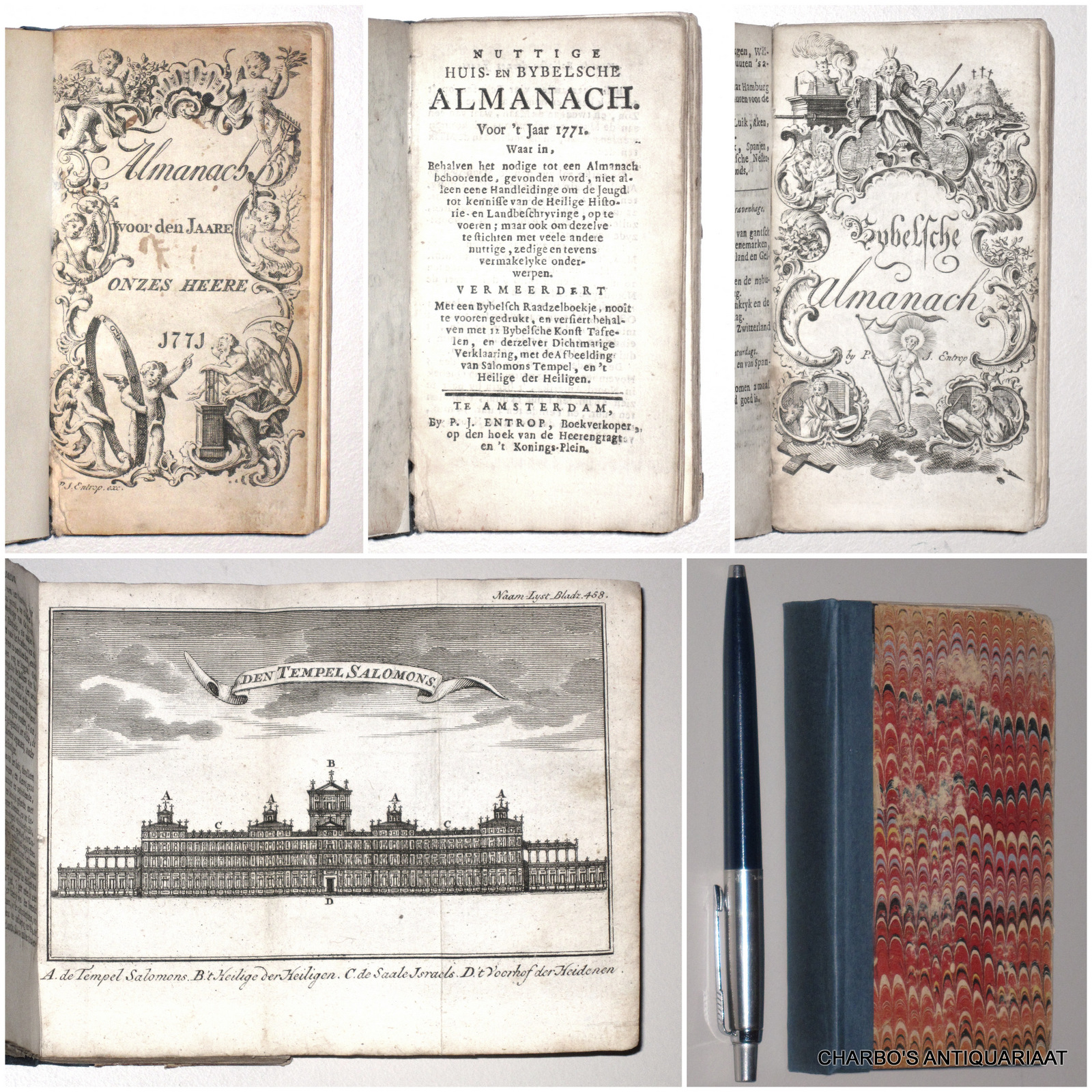 ALMANAK. -  Nuttige huis- en bybelsche almanach. Voor 't Jaar 1771. Waar in, behalven het nodige tot een Almanach behoorende, gevonden word, niet alleen eene handleidinge om de jeugd tot kennisse van de Heilige historie en landbeschryvinge, op te voeren; maar ook om dezelve te stichten, met veele andere nuttige, zedige en tevens vermaakelyke onderwerpen.