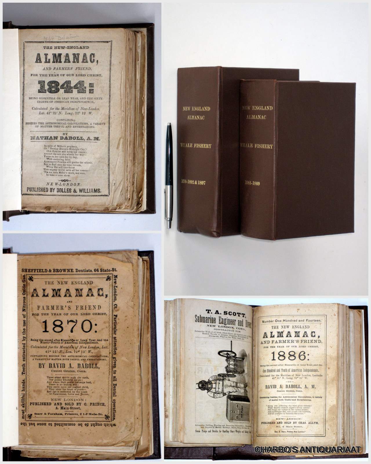 DABOLL, NATHAN & DABOLL, DAVID A., -  The New England Almanac and Farmer's Friend for the year of Our Lord Christ 1844 - 1869 & 1870 - 1892 & 1898, bound in two cloth bindings.