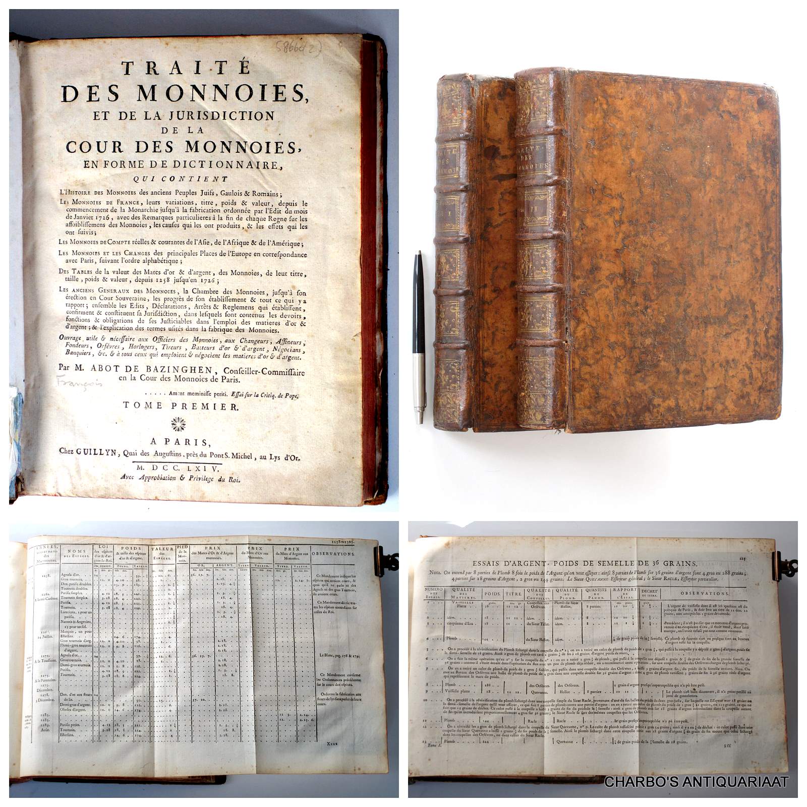 ABOT DE BAZINGHEN, [FRANCOIS], -  Trait des monnoies, et de la jurisdiction de la cour des monnoies, en forme de dictionnaire, qui contient l'histoire des monnoies des anciens peuples Juifs, Gaulois & Romains, (...) de France (...) de l'Asie, l'Afrique, l'Amrique (...) l'Europe (...). Ouvrage utile & ncessaire aux officiers des monnoies, aux changeurs, affineurs, fondeurs, orfvres, horlogers, tireurs, batteurs d'or & d'argent, ngocians, banquiers, &c. (...).