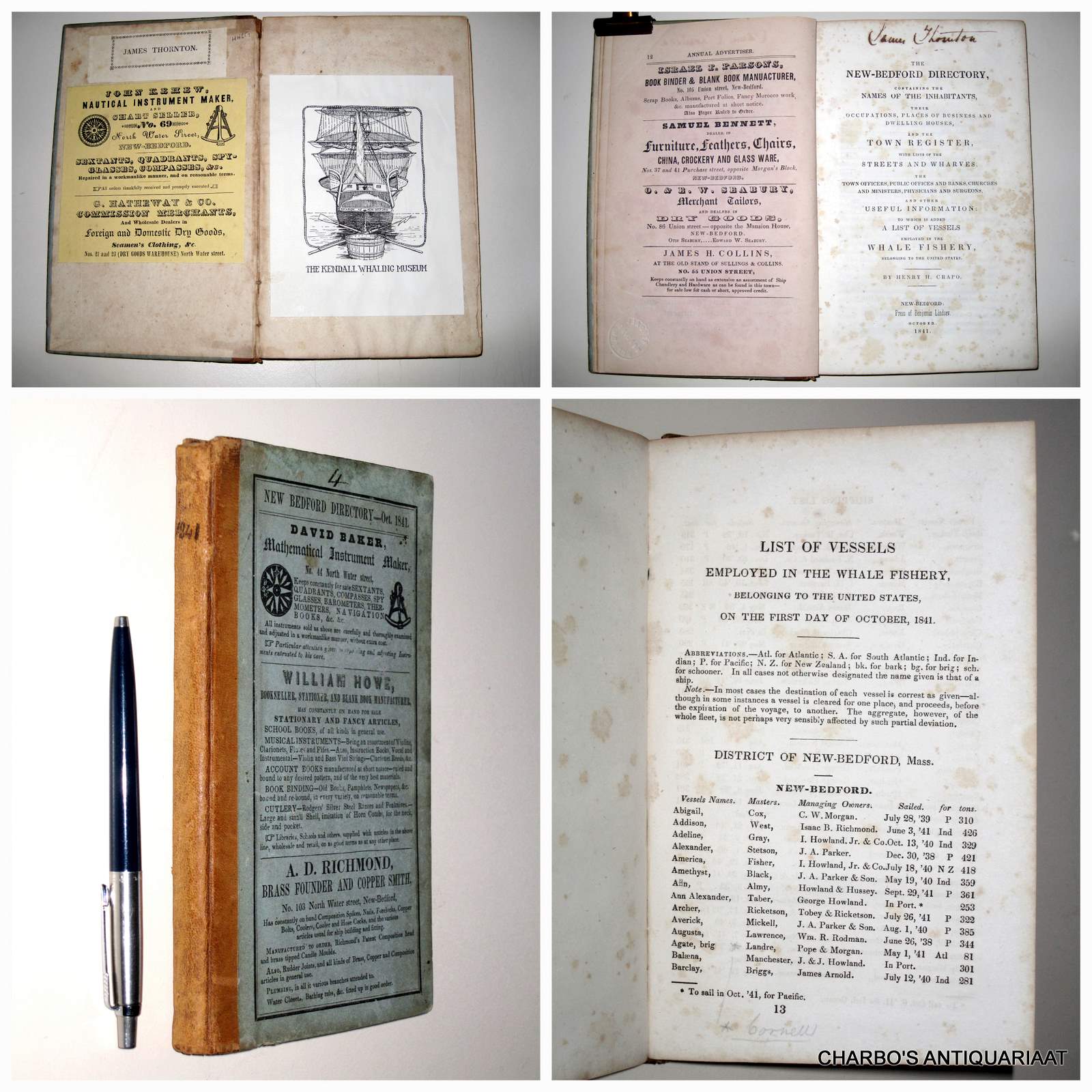 CRAPO, HENRY H., -  The New-Bedford directory, containing the names of the inhabitants, their occupations, places of business and dwelling houses, and the town register, with lists of the streets and wharves. To which is added a list of vessels employed in the whale fishery.