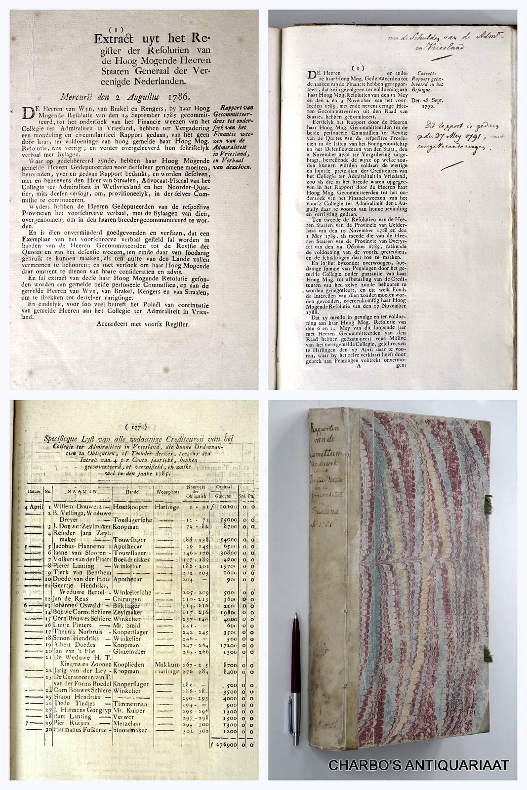 STAATEN GENERAAL, -  Extract uyt het register der resolutien van de Hoog Mogende Heeren Staaten Generaal der Vereenigde Nederlanden, Mercurii den 2 Augustus 1786. Rapport van Gecommitteerdens tot ondersoek van het finantie weezen van de Admiraliteit in Vriesland, en verbaal van dezelven.