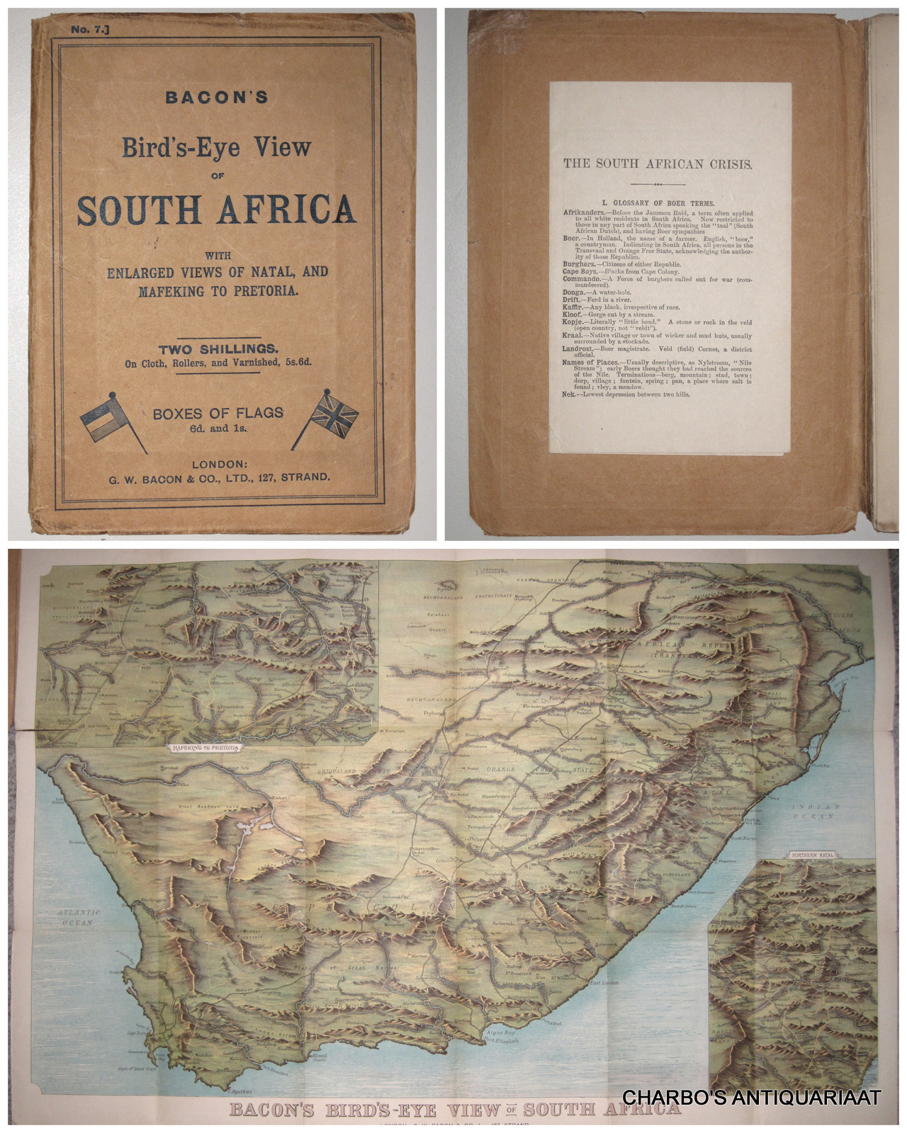 BACON, G.W., -  Bacon's bird's-eye view of South Africa with enlarged views of Natal, and Mafeking to Pretoria.