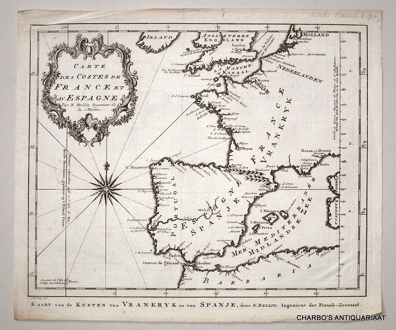 BELLIN, N. & SCHLEY, J. VAN DER, -  Carte des costes de France et d'Espagne. Kaart van de kusten van Vrankryk en van Spanje.