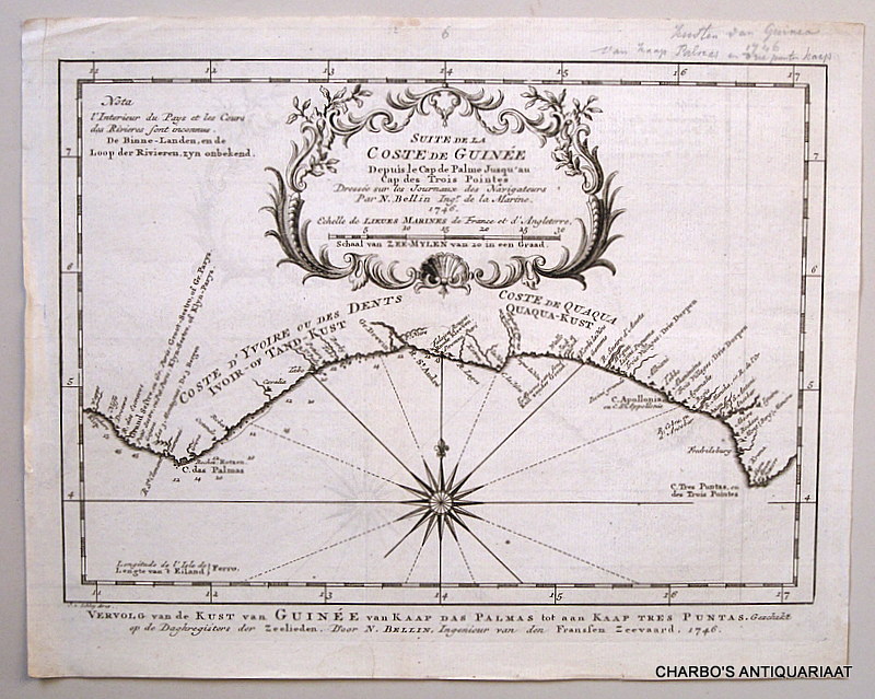 BELLIN, N. & SCHLEY, J. VAN DER, -  Suite de la coste de Guine, depuis le Cap de Palme jusqu'au Cap des Trois Pointes. Vervolg van de kust van Guine van Kaap das Palmas tot aan Kaap Tres Puntas.