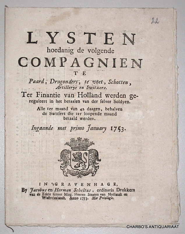 N/A, -  Lysten hoedanig de volgende Compagnien te paard, dragonders, te voet, Schotten, artillerye en Switzers. Ter finanttie van Holland werden gereguleert in het betaalen van der selver soldyen. Alle ter maand van 42 daagen, behalven de Switsers die ter loopende maand betaald werden. Ingaande met primo January 1753.