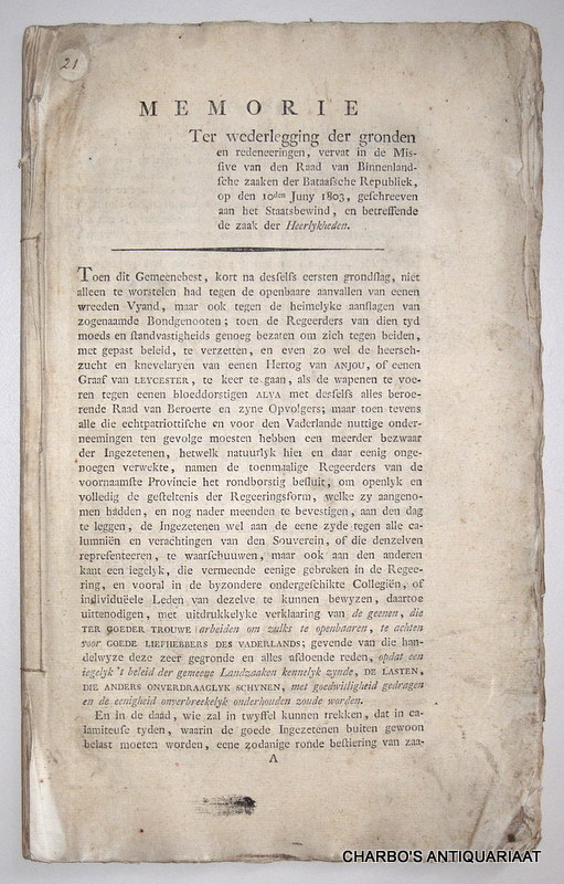 BATAAFSCHE REPUBLIEK. -  Memorie ter wederlegging der gronden en redeneeringen, vervat in de missive van den Raad van Binnenlandsche zaaken der Bataafsche Republiek, op den 10den Juny 1803, geschreeven aan het Staatsbewind, en betreffende de zaak der Heerlykheden.