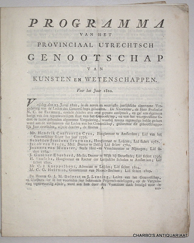 PROVINCIAAL UTRECHTSCH GENOOTSCHAP, -  Programma van het Provinciaal Utrechtsch Genootschap van Kunsten en Wetenschappen voor het jaar 1820.