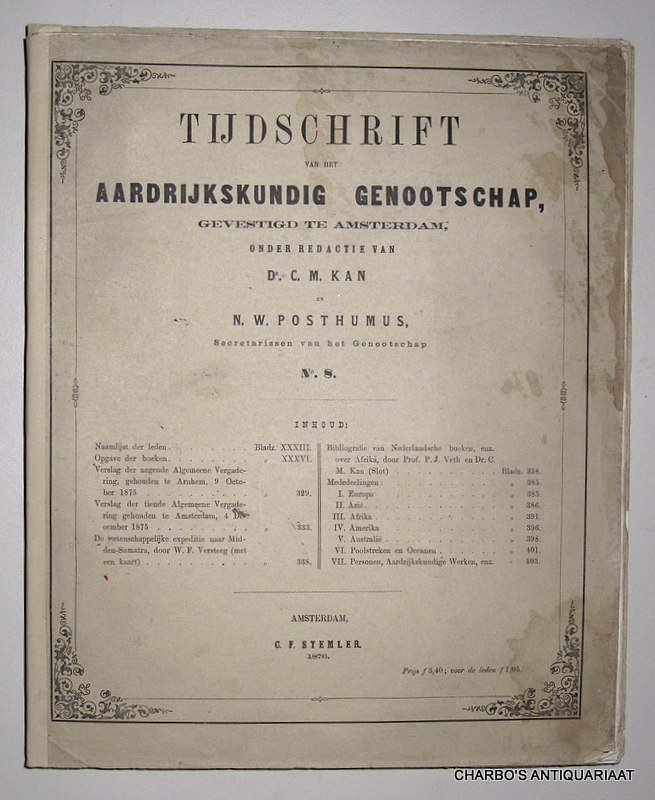 KNAG, -  Tijdschrift van het Aardrijkskundig Genootschap. (Deel 1), No. 8. Onder redactie van C.M. Kan & N.W. Posthumus.