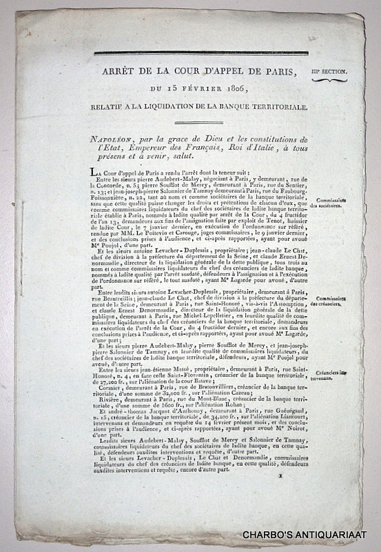 COUR D'APPEL DE PARIS, -  Arrt de la Cour d'Appel de Paris, du 15 fvrier 1806, relatif  la liquidation de la Banque Territoriale.