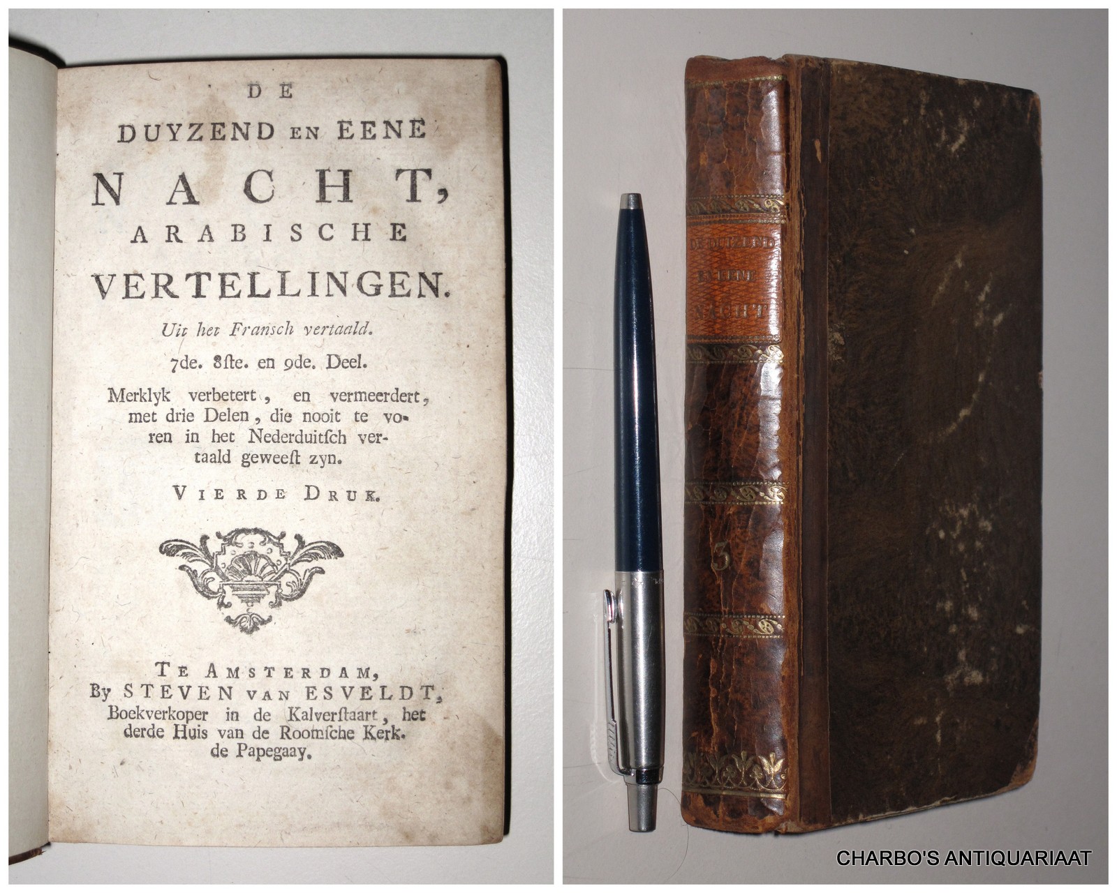 ANON., -  De duysend en eene nacht, Arabische vertellingen. Uit het Fransch vertaalt. (Band 3 (van 4), inhoudende 7e, 8e en 9e deel).