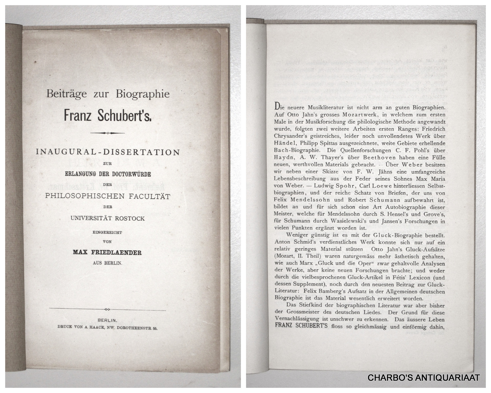 FRIEDLAENDER, MAX, -  Beitrge zur Biographie Franz Schubert's. Inaugural-dissertation.
