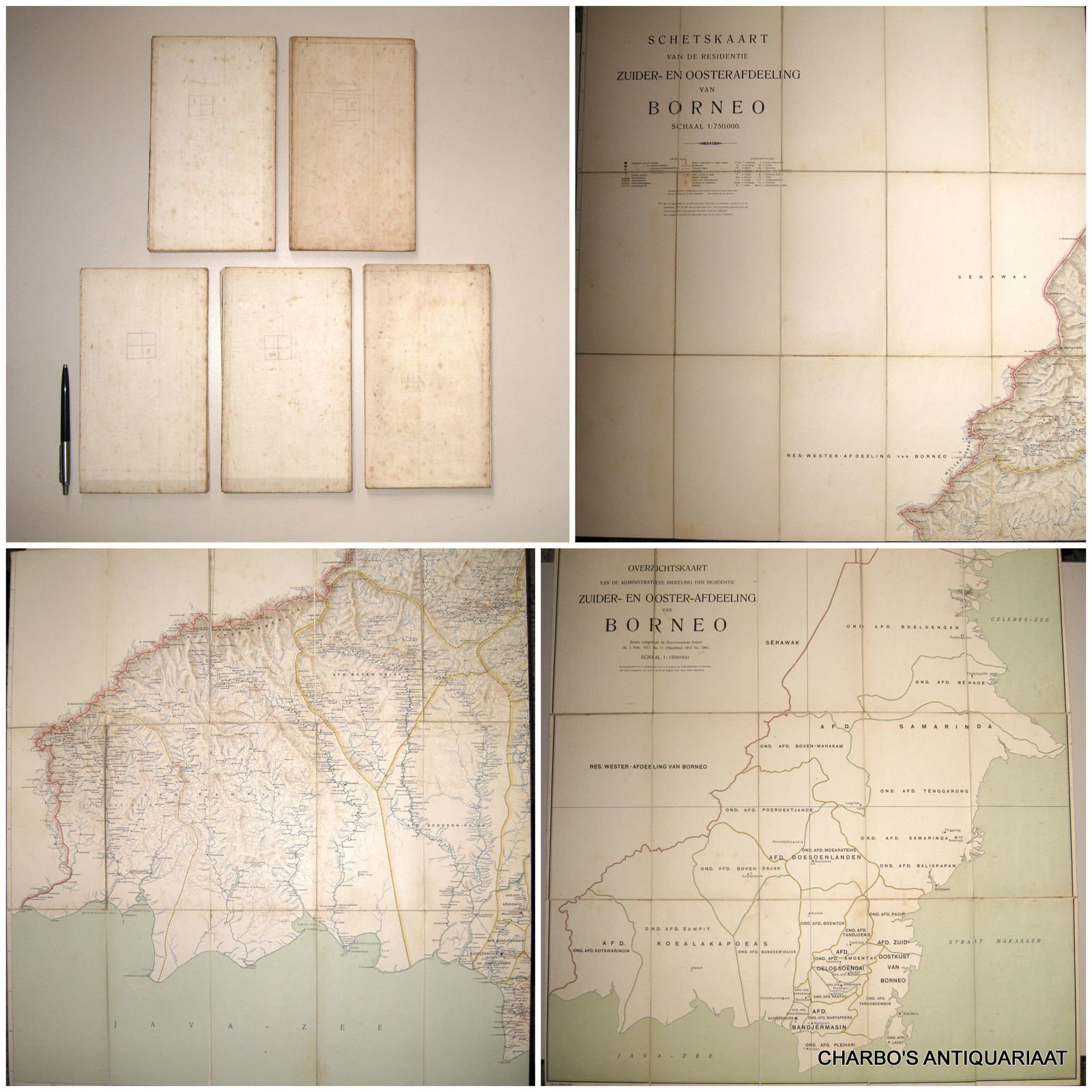MAP. -  Schetskaart van de residentie Zuider- en Oosterafdeeling van Borneo. Schaal 1:750.000 (&) Overzichtskaart van de administratieve indeeling der residentie Zuider- en Ooster-afdeeling van Borneo. Schaal 1:1500000.