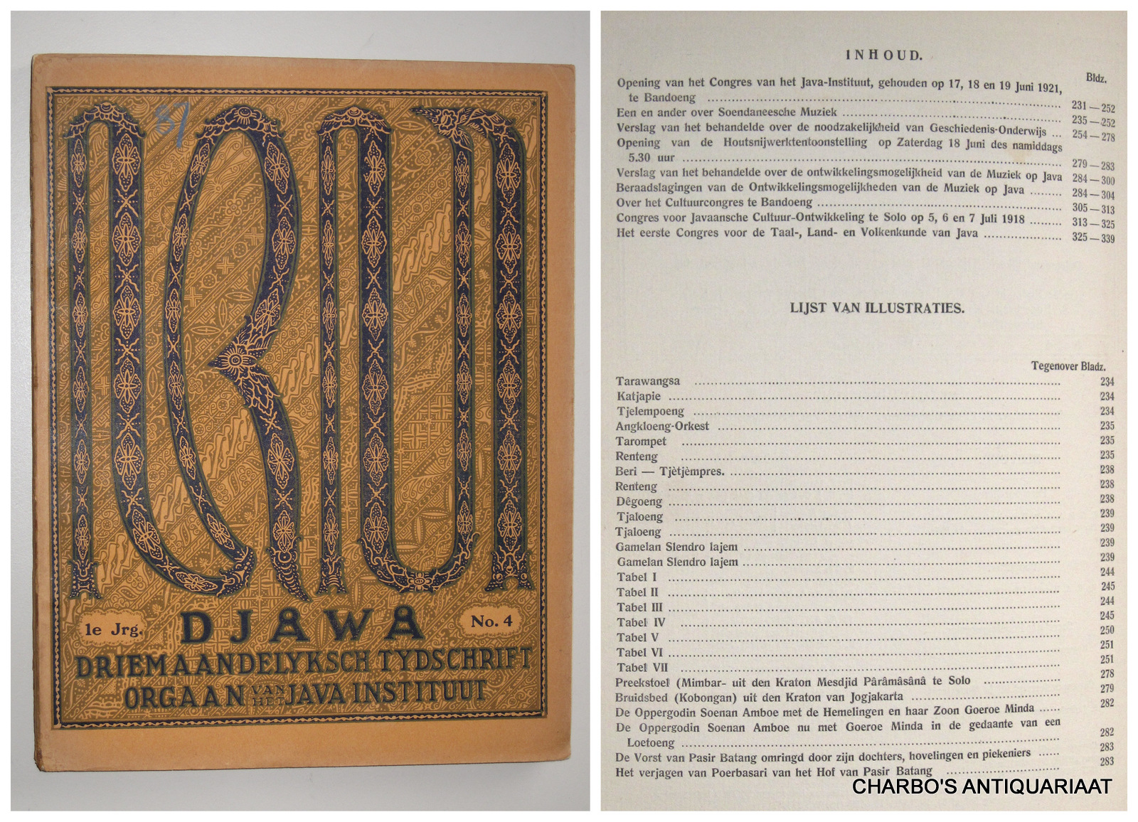 DJAJADININGRAT, RADEN AR IO HOESEIN (et al, eds.), -  Djawa. Driemaandelijksch tijdschrift uitgegeven door het Java-Instituut. (1e jaargang), No. 4, December 1921.