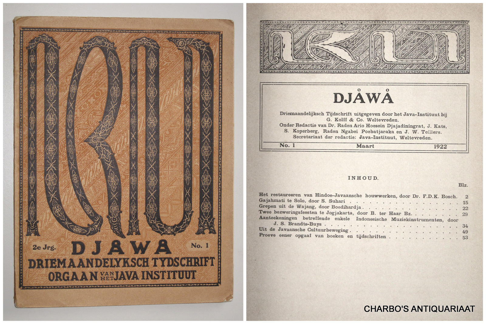 DJAJADININGRAT, RADEN AR IO HOESEIN (et al, eds.), -  Djawa. Driemaandelijksch tijdschrift uitgegeven door het Java-Instituut. (2e jaargang), No. 1, Maart 1922.