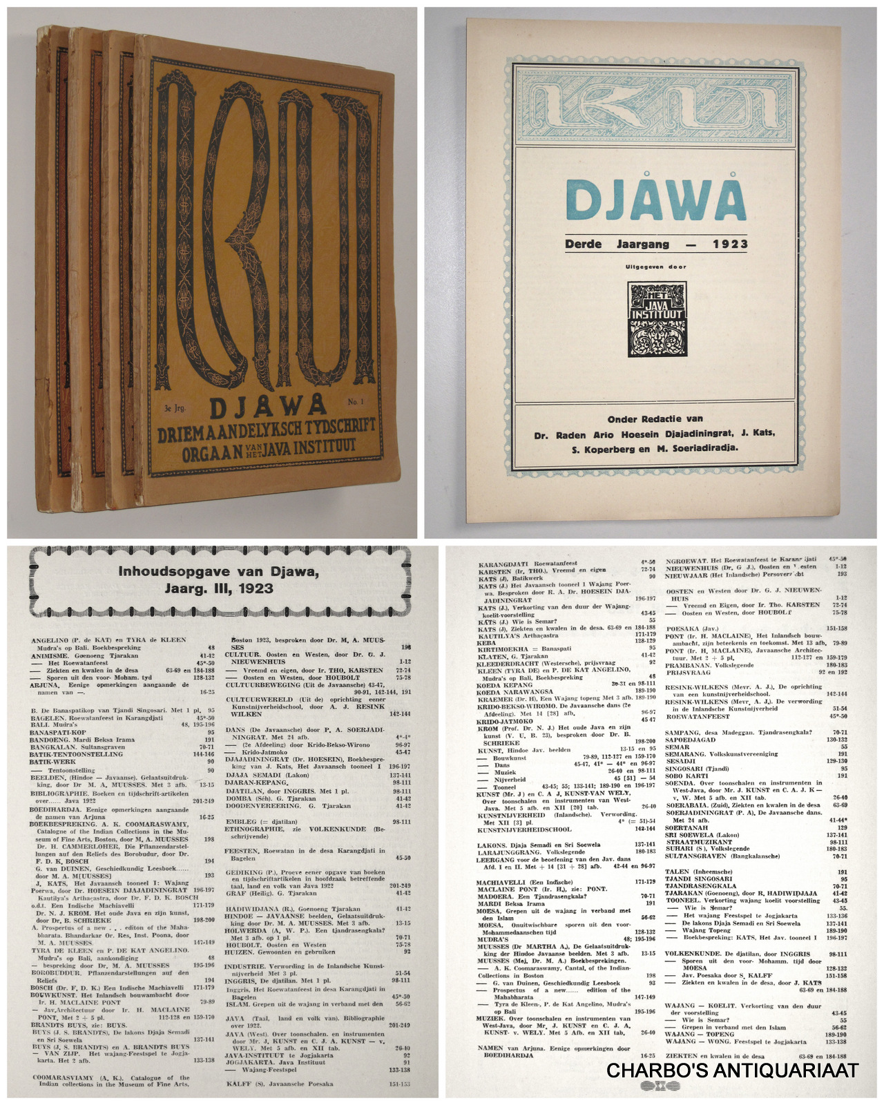 DJAJADININGRAT, RADEN AR IO HOESEIN (et al, eds.), -  Djawa. Driemaandelijksch tijdschrift uitgegeven door het Java-Instituut. Derde jaargang, 1923. (Complete in 4 vols.).