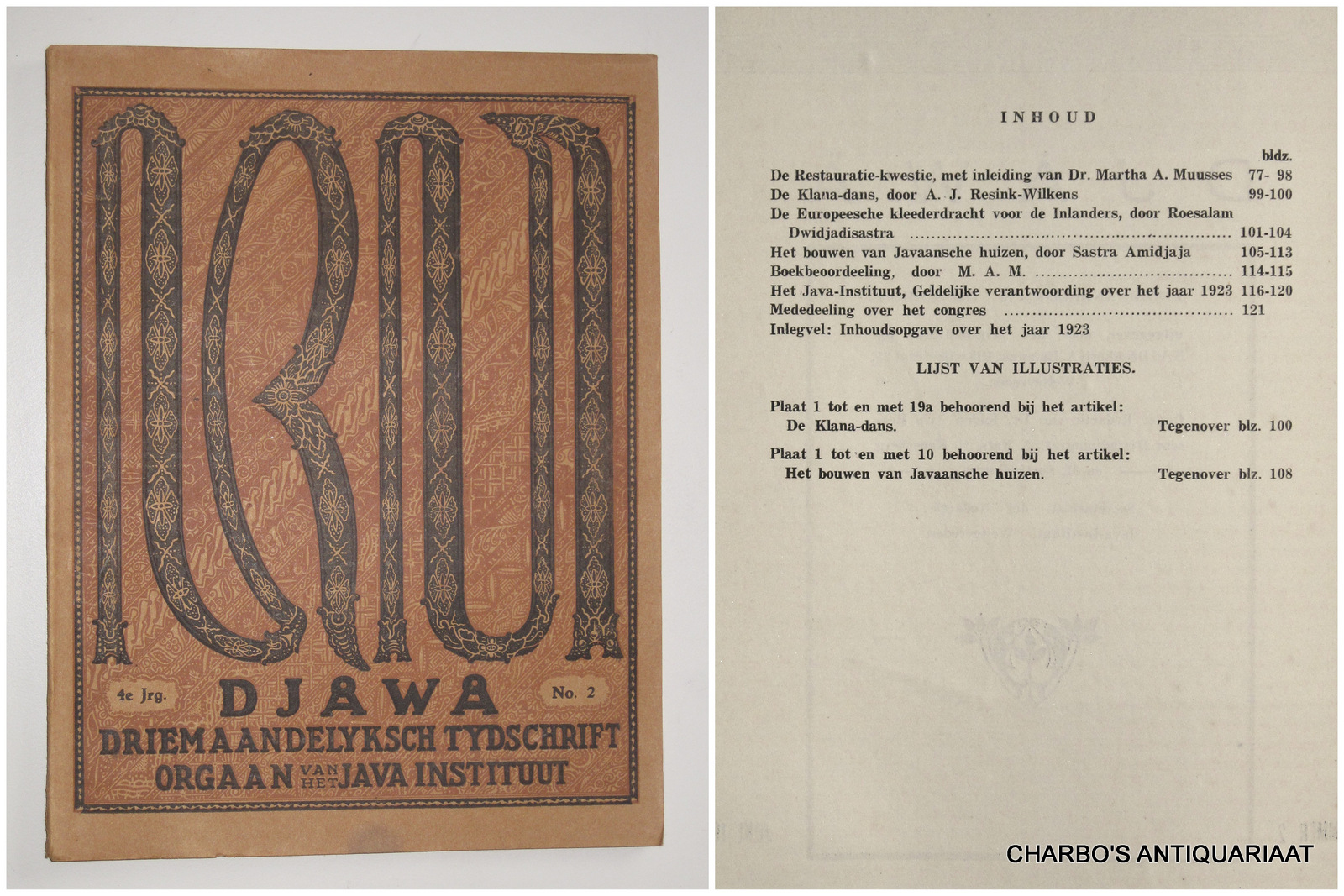 DJAJADININGRAT, RADEN AR IO HOESEIN (et al, eds.), -  Djawa. Driemaandelijksch tijdschrift uitgegeven door het Java-Instituut. Vierde jaargang, No. 2, Juni 1924.