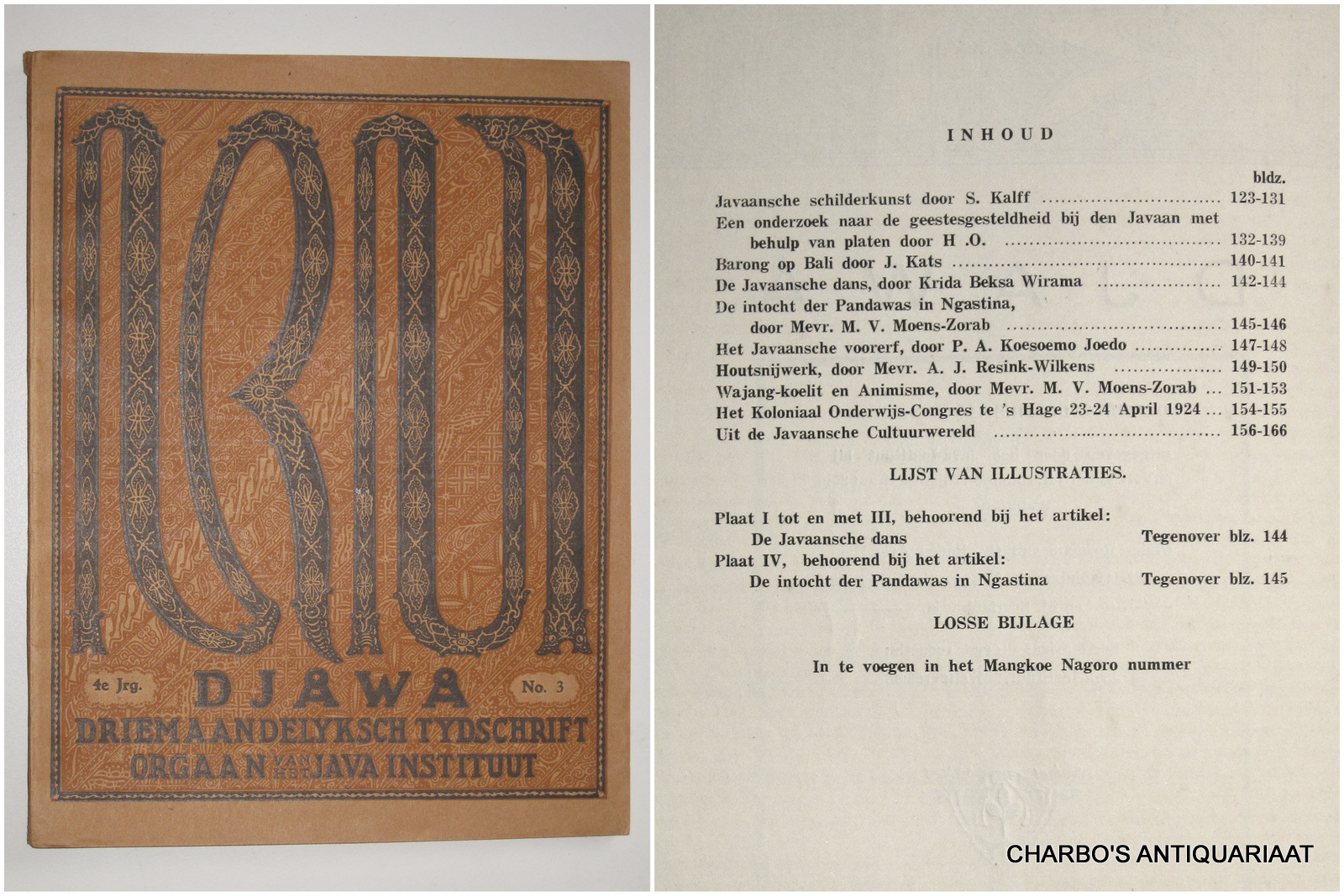 DJAJADININGRAT, RADEN AR IO HOESEIN (et al, eds.), -  Djawa. Driemaandelijksch tijdschrift uitgegeven door het Java-Instituut. Vierde jaargang, No. 3, September 1924.