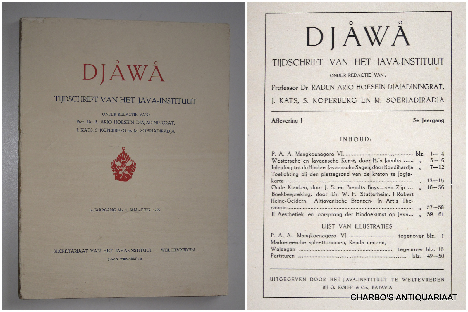 DJAJADININGRAT, RADEN AR IO HOESEIN (et al, eds.), -  Djawa. Tijdschrift van het Java-Instituut. 5e jaargang, aflevering 1 (Jan.-Febr. 1925).