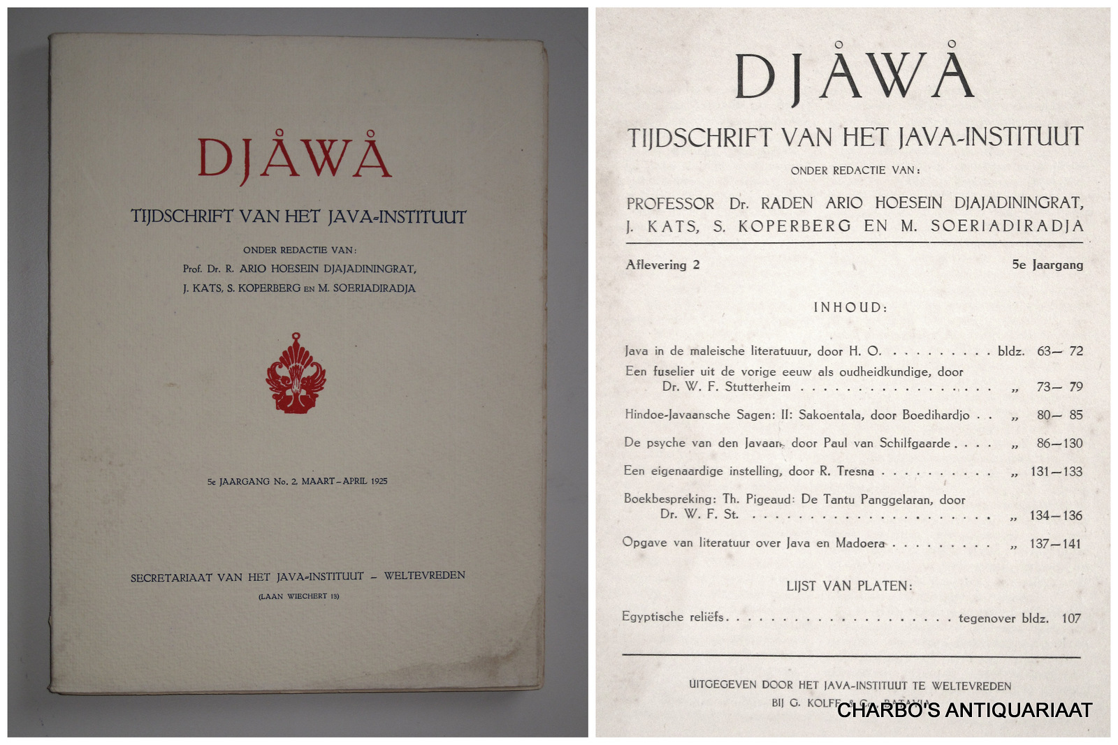DJAJADININGRAT, RADEN AR IO HOESEIN (et al, eds.), -  Djawa. Tijdschrift van het Java-Instituut. 5e jaargang, aflevering 2 (Maart-April 1925).