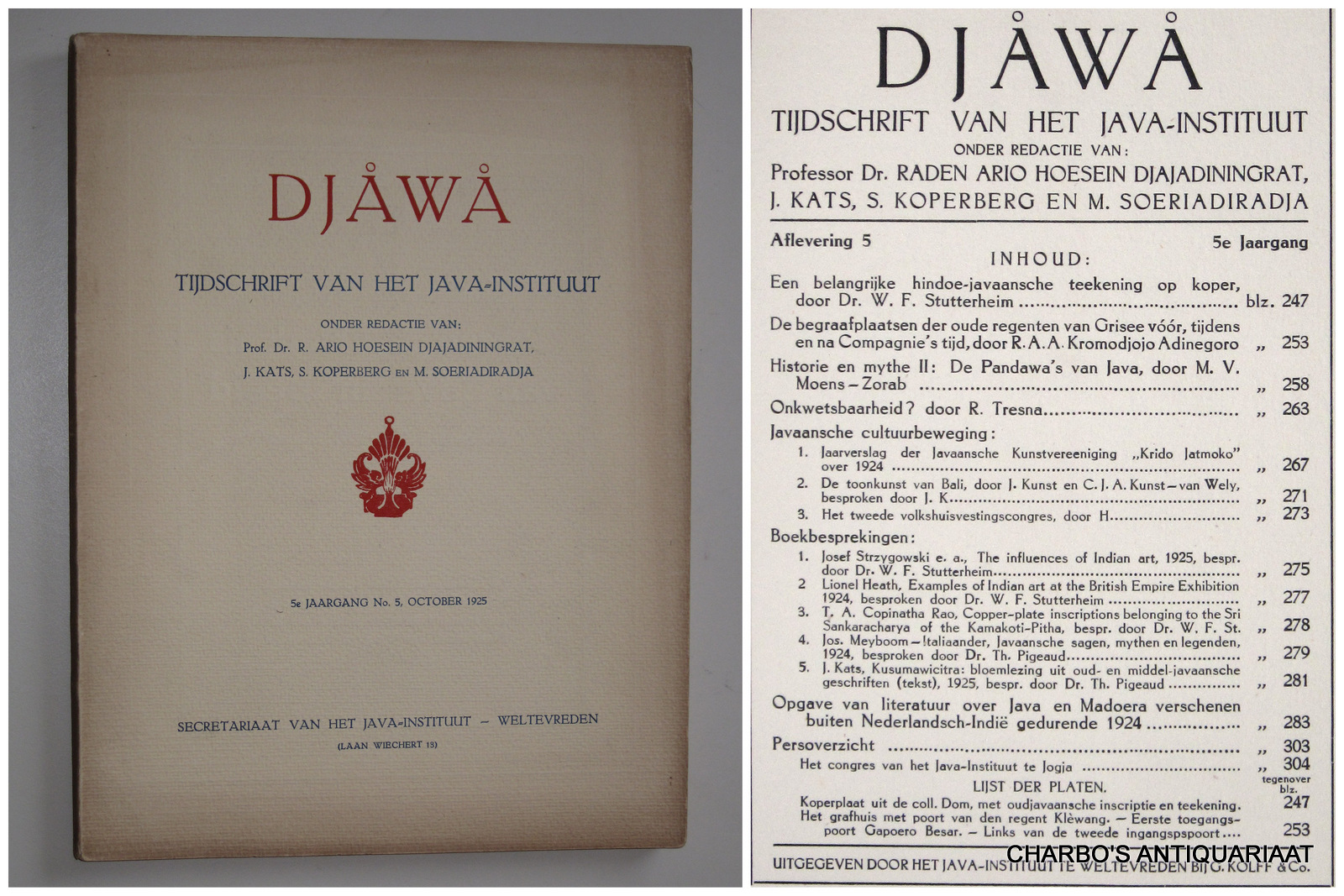 DJAJADININGRAT, RADEN AR IO HOESEIN (et al, eds.), -  Djawa. Tijdschrift van het Java-Instituut. 5e jaargang, aflevering 5 (October 1925).
