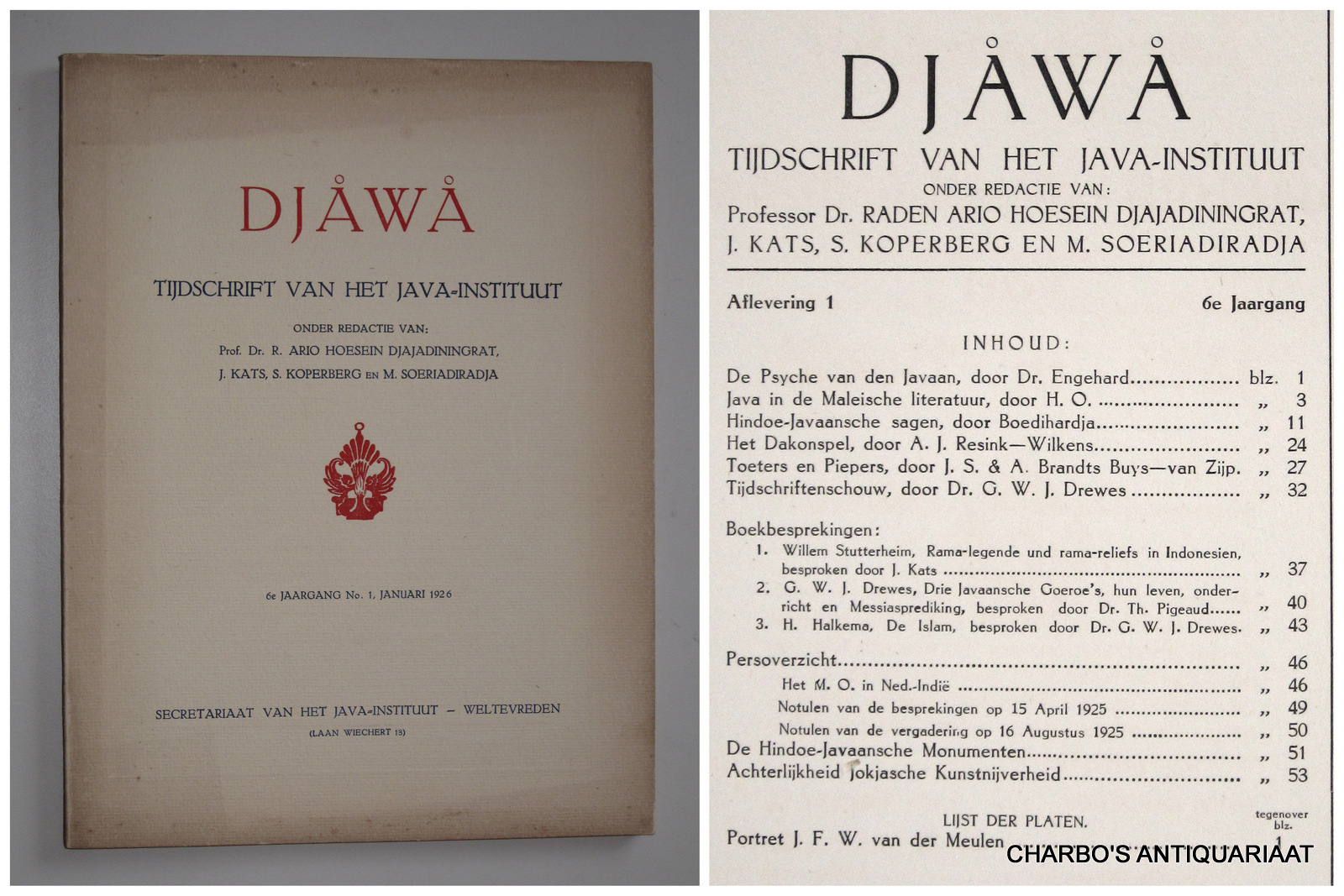 DJAJADININGRAT, RADEN AR IO HOESEIN (et al, eds.), -  Djawa. Tijdschrift van het Java-Instituut. 6e jaargang, aflevering 1 (Januari 1926).