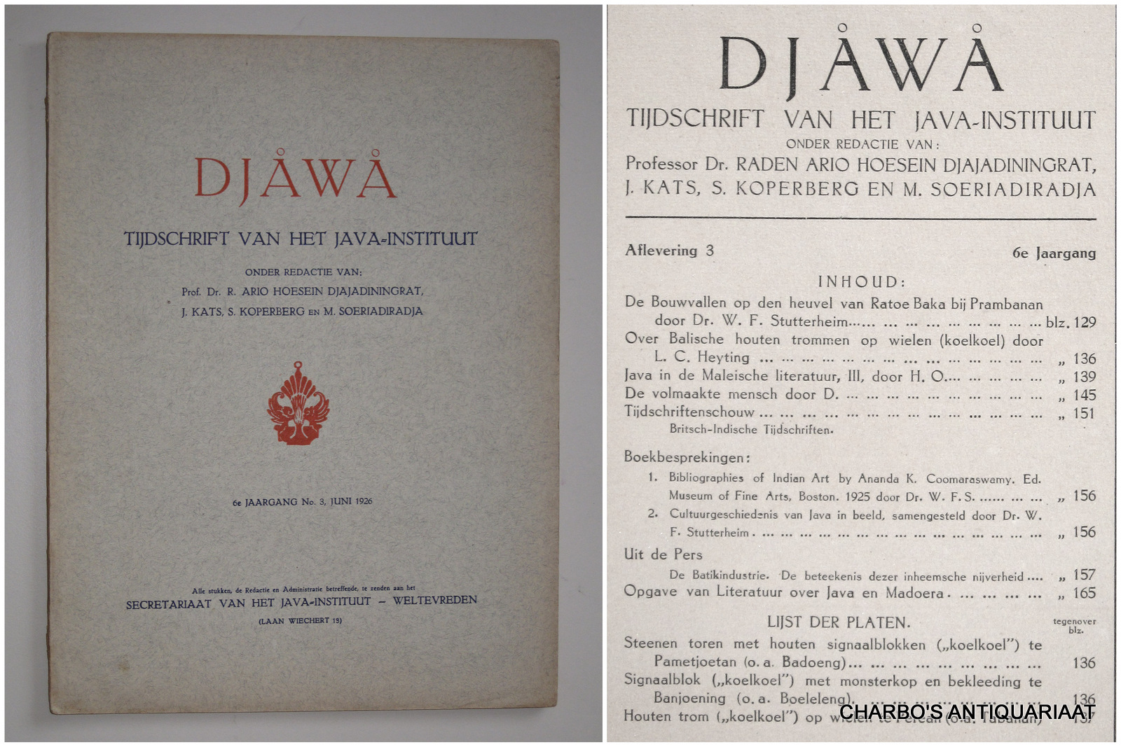 DJAJADININGRAT, RADEN AR IO HOESEIN (et al, eds.), -  Djawa. Tijdschrift van het Java-Instituut. 6e jaargang, aflevering 3 (Juni 1926).
