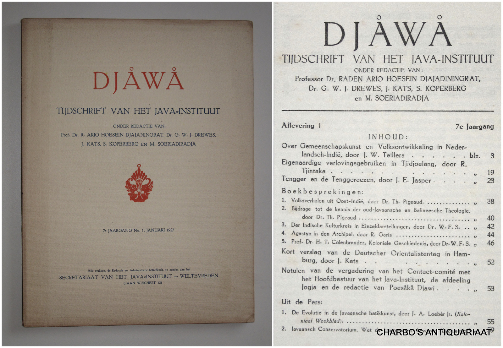 DJAJADININGRAT, RADEN AR IO HOESEIN (et al, eds.), -  Djawa. Tijdschrift van het Java-Instituut. 7e jaargang, aflevering 1 (Januari 1927).