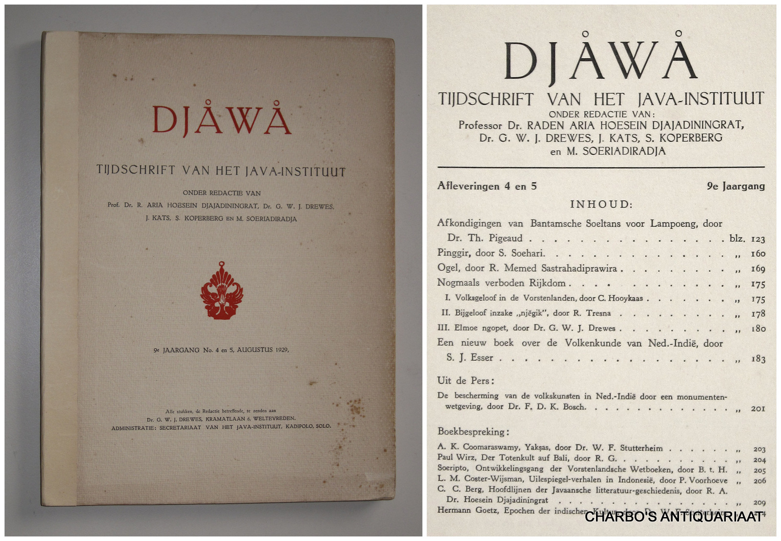 DJAJADININGRAT, RADEN AR IO HOESEIN (et al, eds.), -  Djawa. Tijdschrift van het Java-Instituut. 9e jaargang, afleveringen 4 en 5 (Augustus 1929).