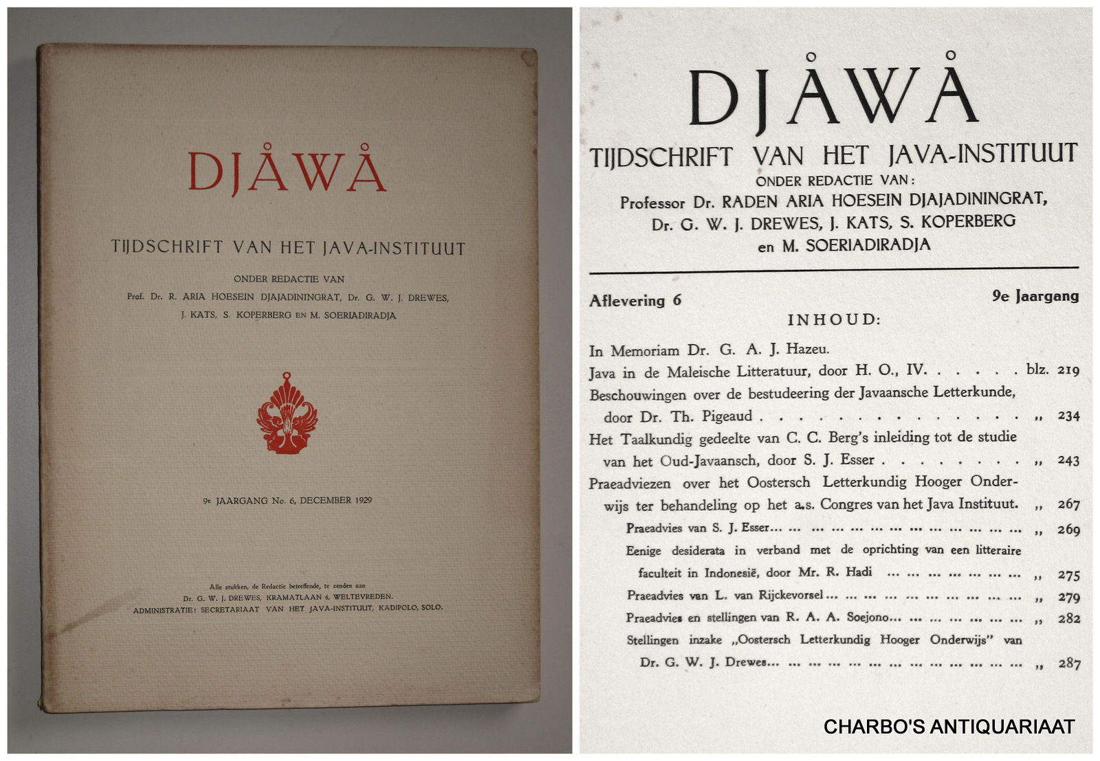 DJAJADININGRAT, RADEN AR IO HOESEIN (et al, eds.), -  Djawa. Tijdschrift van het Java-Instituut. 9e jaargang, aflevering 6 (December 1929).