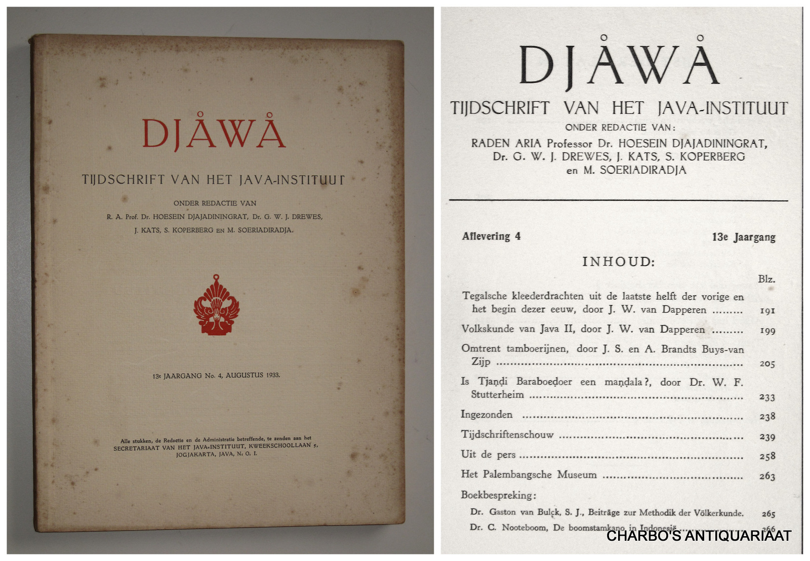 DJAJADININGRAT, HOESEIN (et al, eds.), -  Djawa. Tijdschrift van het Java-Instituut. 13e jaargang, aflevering 4 (Augustus 1933).