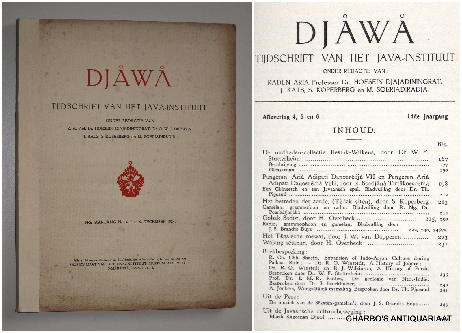 DJAJADININGRAT, HOESEIN (et al, eds.), -  Djawa. Tijdschrift van het Java-Instituut. 14e jaargang, afleveringen 4, 5 en 6 (December 1934).