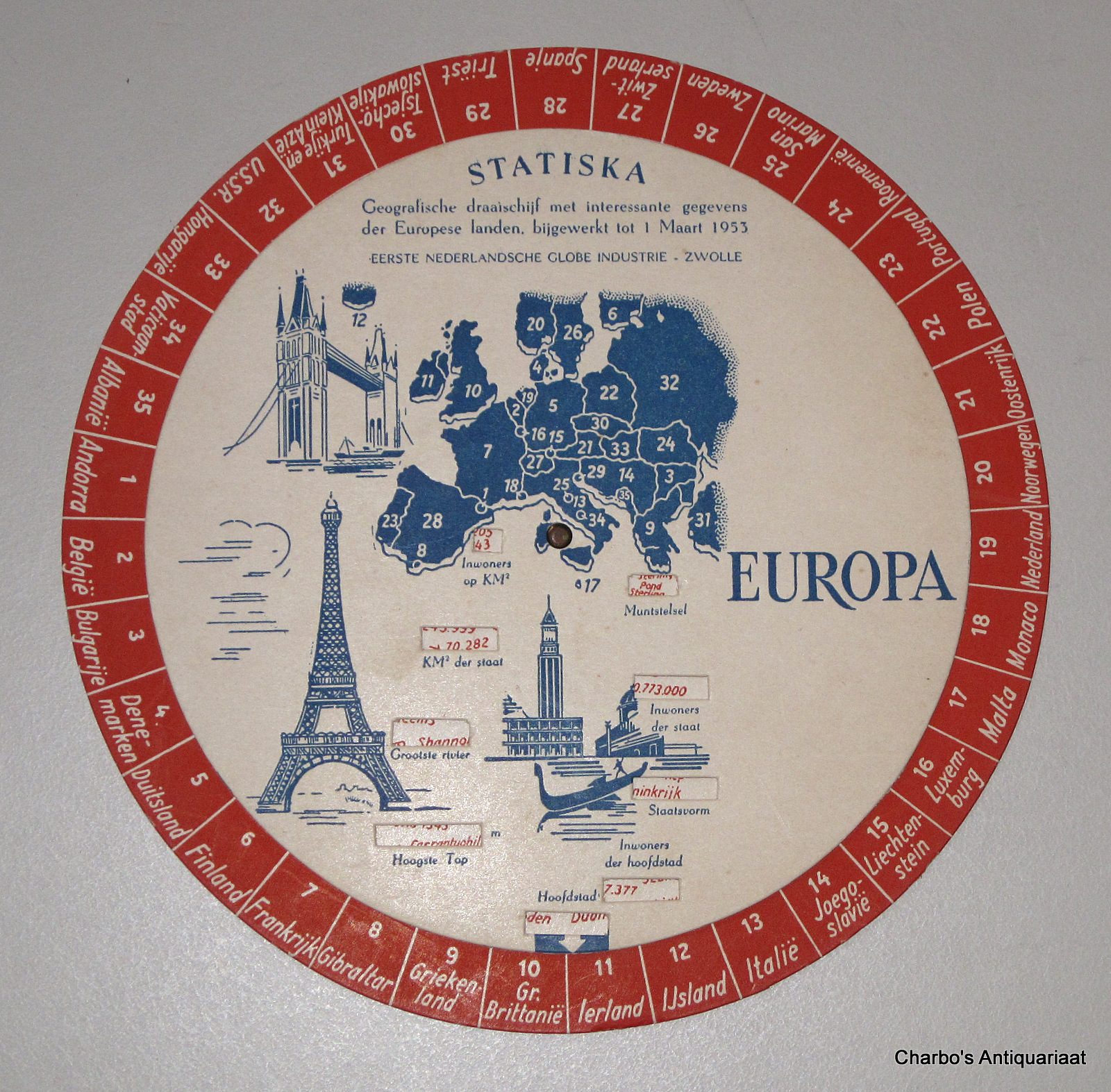 ANON., -  Statiska. Geografische draaischijf met interessante gegevens der Europese landen, bijgewerkt tot 1 Maart 1953.
