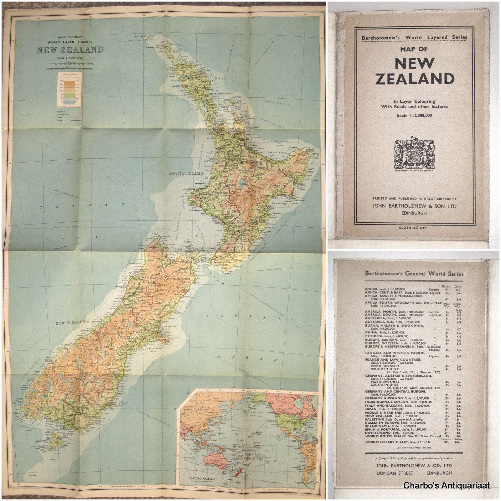 BARTHOLOMEW, -  Map of New Zealand in layer colouring, with roads and other features. Scale 1:2,000,000.