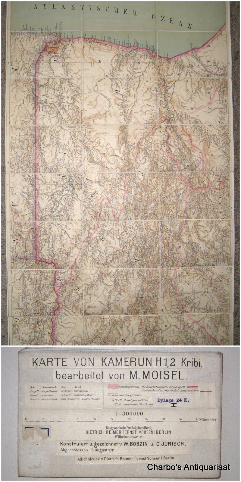 KRAUSE, G., BOBZIN, W. & JURISCH, C., -  Karte von Kamerun, H1,2. Kribi. 1:300000. Bearbeitet von M. Moisel. Konstruiert u. gezeichnet v. W. Bobzin u. C. Jurisch.